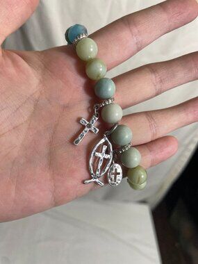 Christian Cross Ichthys Fish Charm Stretch Bracelet Turquoise Green Beads